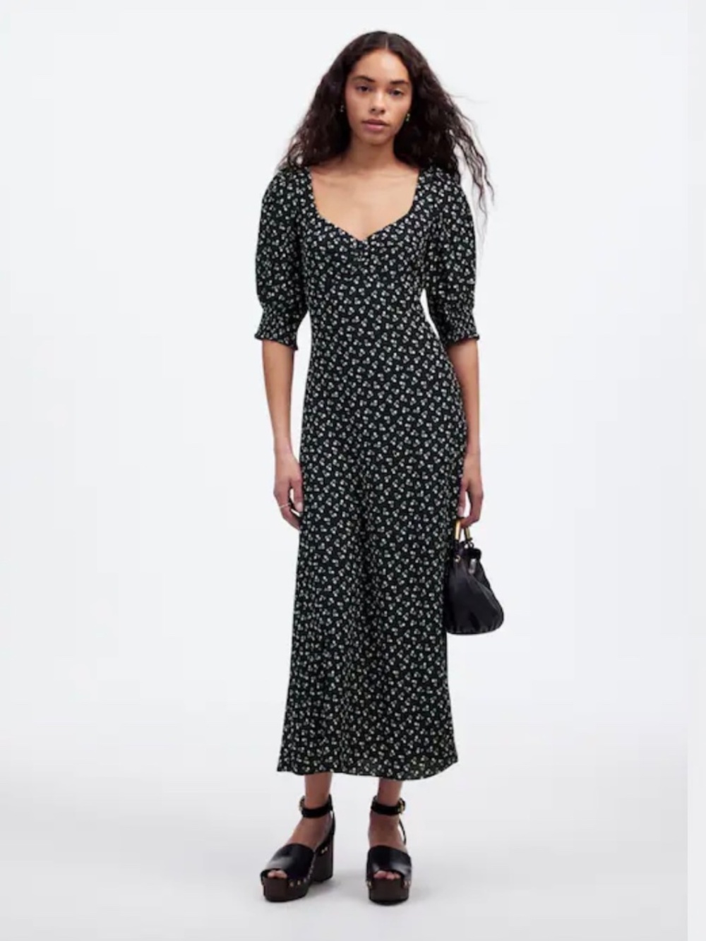 Madewell Ruched Scoopneck Side Slit Midi Dress in Floral Cherry Navy | 4